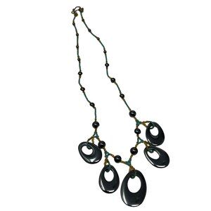 Boho Necklace Hematite and Blue Seed Beads Graduated Oval Charms‎